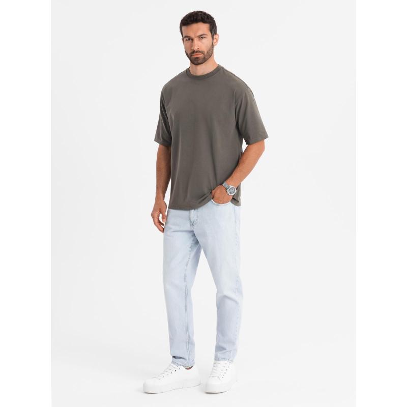 Pánske bavlnené tričko LOOSE FIT s okrúhlym výstrihom - tmavo olivové V7 OM-TSBC-0234