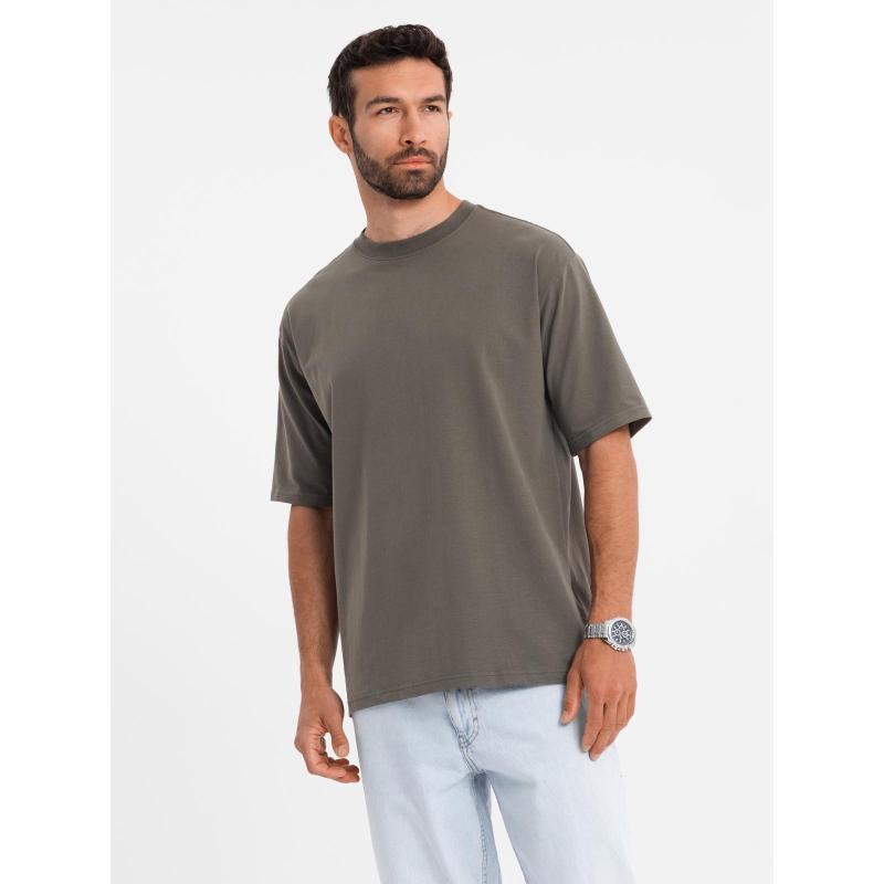 Pánske bavlnené tričko LOOSE FIT s okrúhlym výstrihom - tmavo olivové V7 OM-TSBC-0234