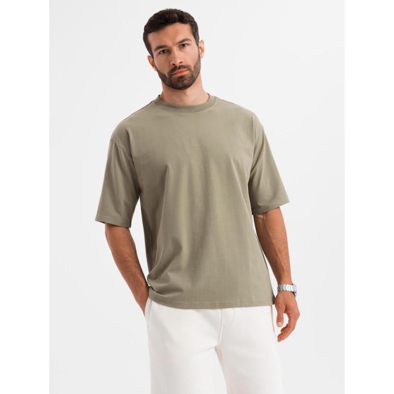 Pánské bavlněné tričko LOOSE FIT s kulatým výstřihem – khaki V8 OM-TSBC-0234