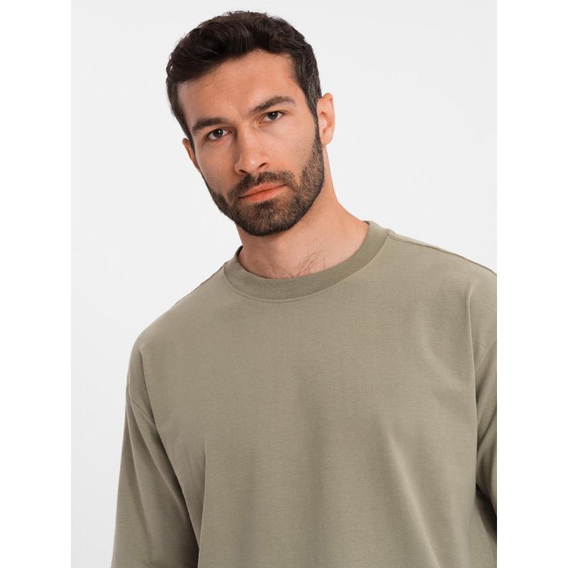 Pánske voľné bavlnené tričko s okrúhlym výstrihom – khaki V8 OM-TSBC-0234