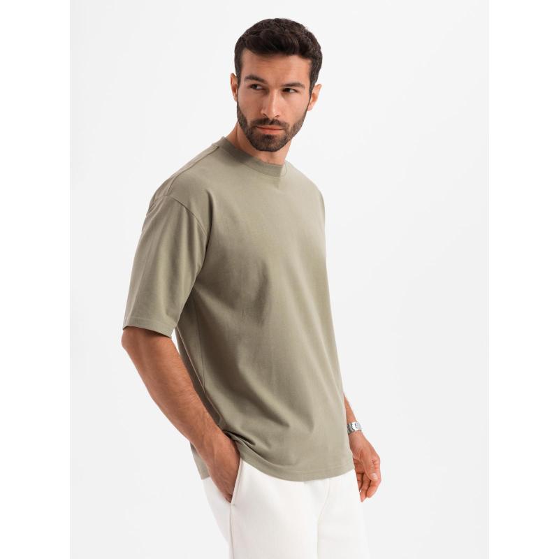 Pánske voľné bavlnené tričko s okrúhlym výstrihom – khaki V8 OM-TSBC-0234