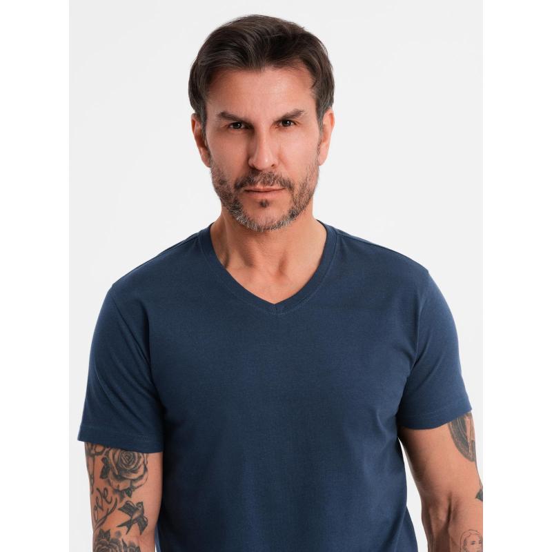 Pánské klasické bavlněné tričko BASIC s výstřihem do V – tmavě modré V2 OM-TSBS-0237