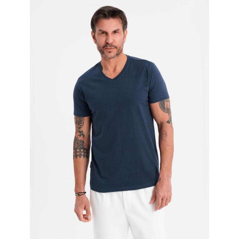 Pánské klasické bavlněné tričko BASIC s výstřihem do V – tmavě modré V2 OM-TSBS-0237