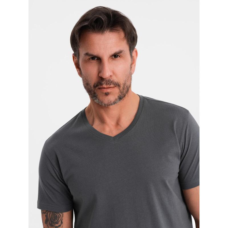 Pánske klasické bavlnené tričko BASIC s výstrihom do V - grafitové V3 OM-TSBS-0237