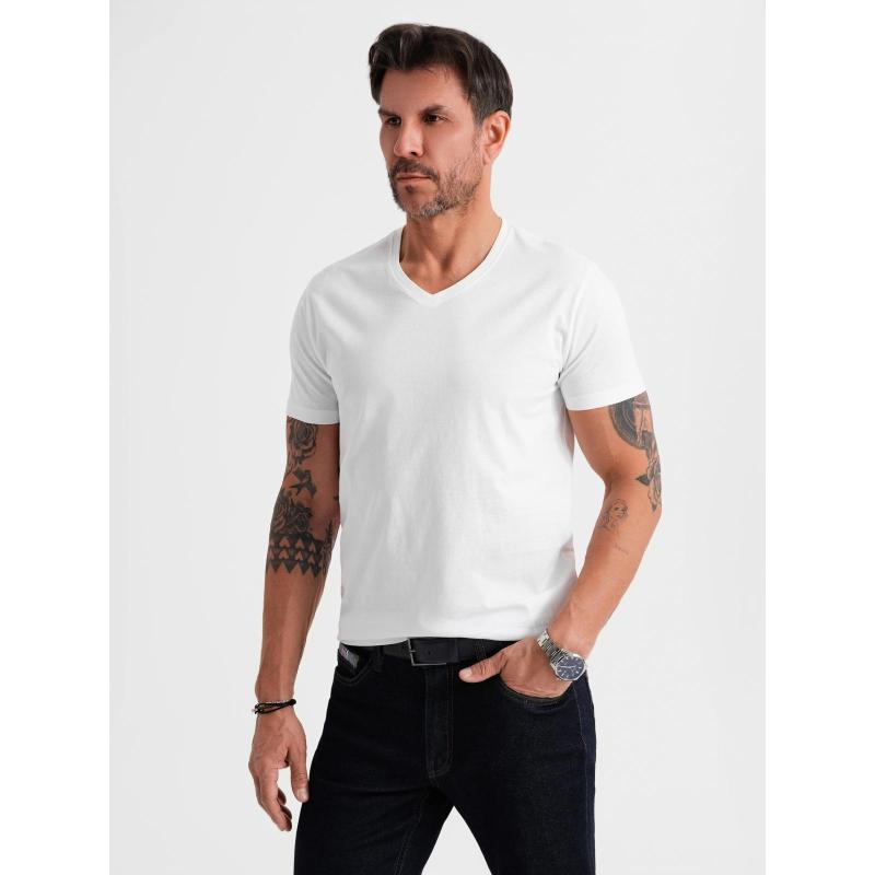 Pánské klasické bavlněné tričko BASIC s výstřihem do V - bílé V4 OM-TSBS-0237