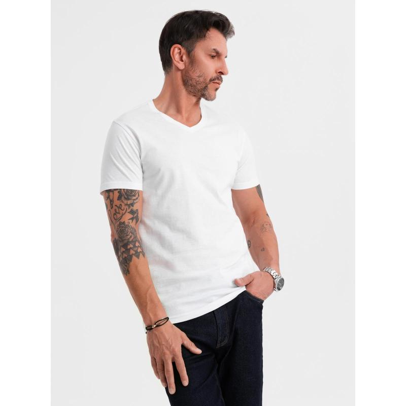 Pánské klasické bavlněné tričko BASIC s výstřihem do V - bílé V4 OM-TSBS-0237