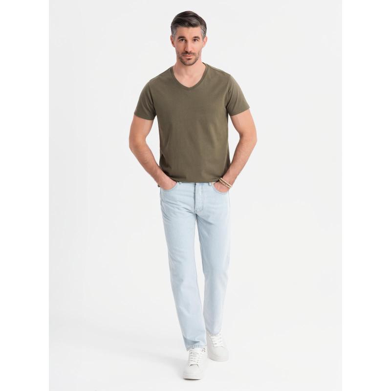 Pánske klasické bavlnené tričko BASIC s výstrihom do V - tmavo olivové V6 OM-TSBS-0237