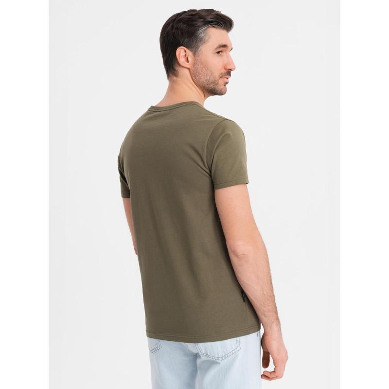 Pánske klasické bavlnené tričko BASIC s výstrihom do V - tmavo olivové V6 OM-TSBS-0237