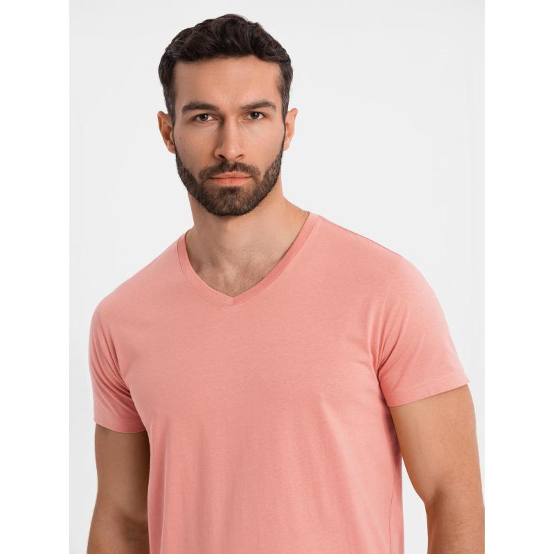 Pánske klasické bavlnené tričko BASIC s výstrihom do V – ružové V7 OM-TSBS-0237