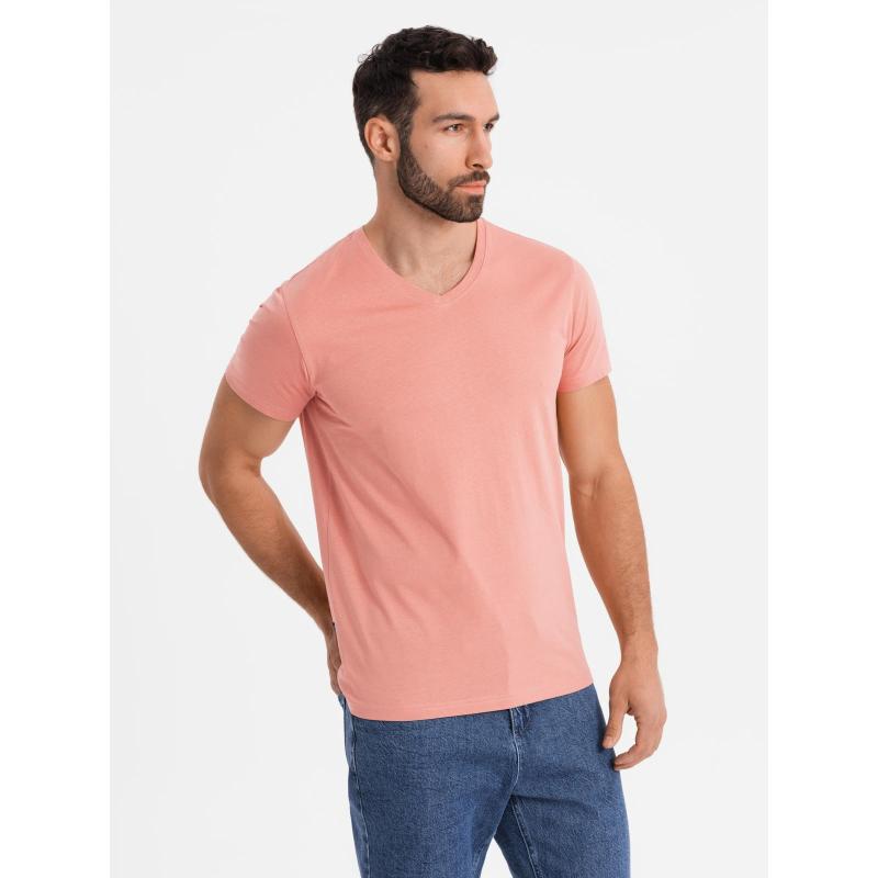 Pánske klasické bavlnené tričko BASIC s výstrihom do V – ružové V7 OM-TSBS-0237