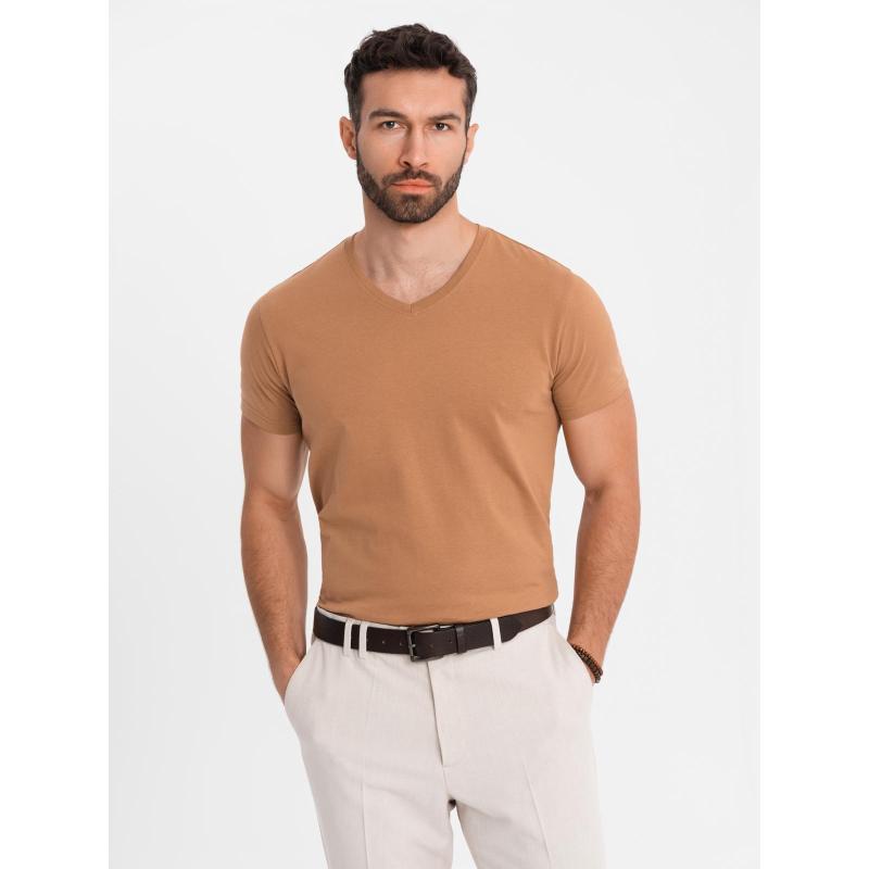 Pánske klasické bavlnené tričko BASIC s výstrihom do V – hnedé V9 OM-TSBS-0237