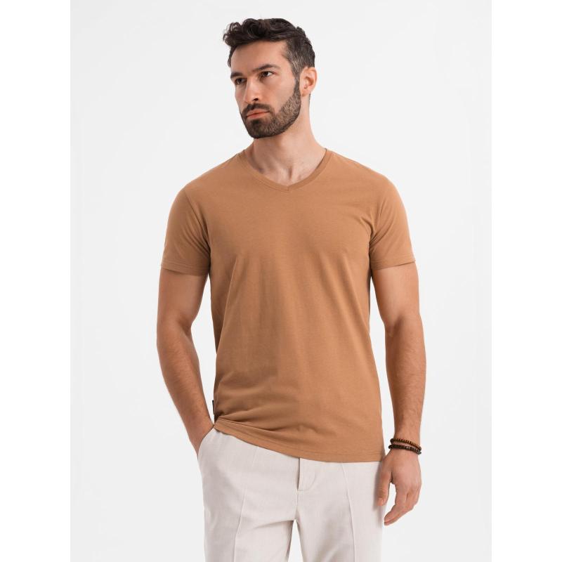 Pánské klasické bavlněné tričko BASIC s výstřihem do V – hnědé V9 OM-TSBS-0237