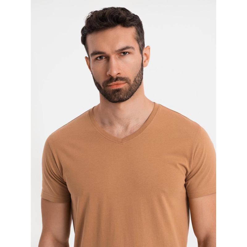 Pánské klasické bavlněné tričko BASIC s výstřihem do V – hnědé V9 OM-TSBS-0237
