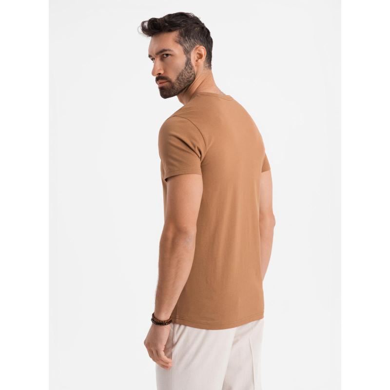 Pánské klasické bavlněné tričko BASIC s výstřihem do V – hnědé V9 OM-TSBS-0237