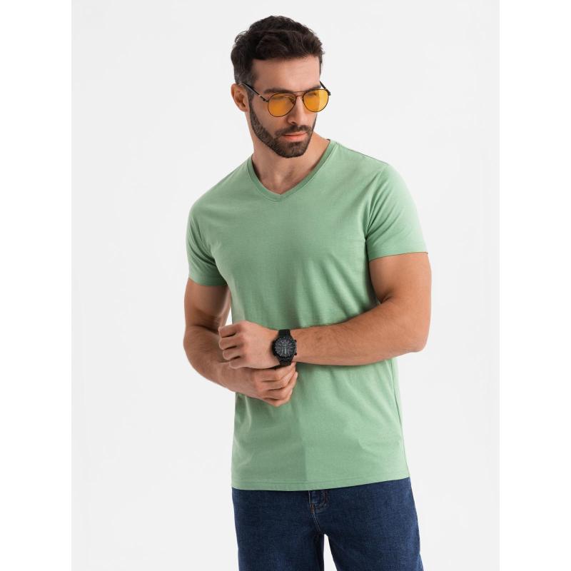 Pánské klasické bavlněné tričko BASIC s výstřihem do V – kaštanová V10 OM-TSBS-0145