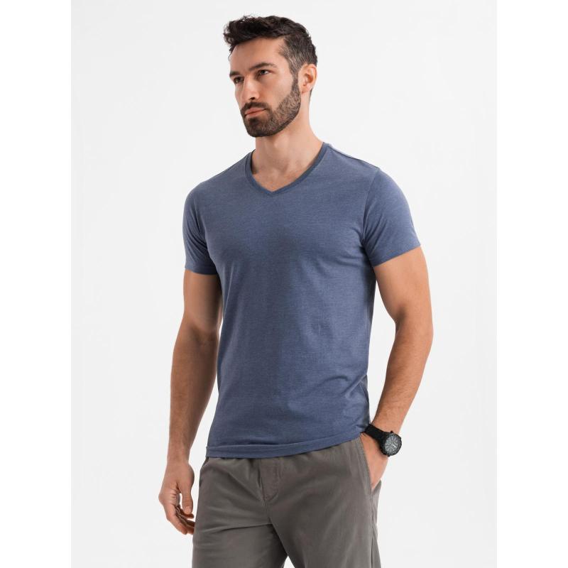 Pánske klasické bavlnené tričko BASIC s výstrihom do V - modrá melange V18 OM-TSBS-0237
