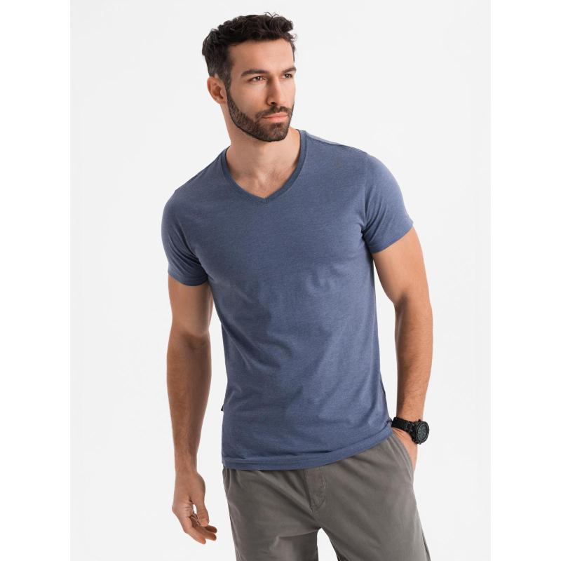 Férfi BASIC klasszikus pamut póló serape nyakkivágással - kék melange V18 OM-TSBS-0237
