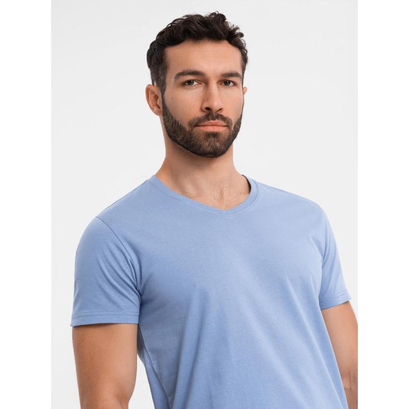 BASIC pánske klasické bavlnené tričko s výstrihom do V - modrá V20 OM-TSBS-0237