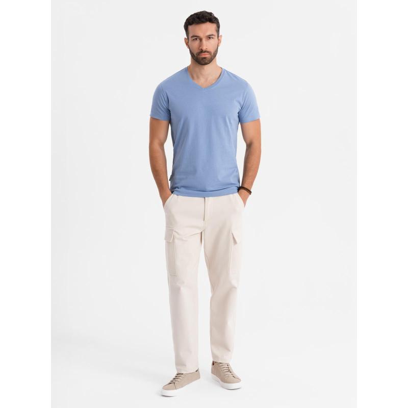 BASIC pánske klasické bavlnené tričko s výstrihom do V - modrá V20 OM-TSBS-0237