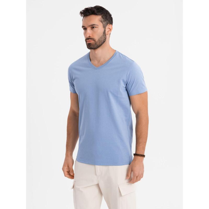 BASIC pánske klasické bavlnené tričko s výstrihom do V - modrá V20 OM-TSBS-0237