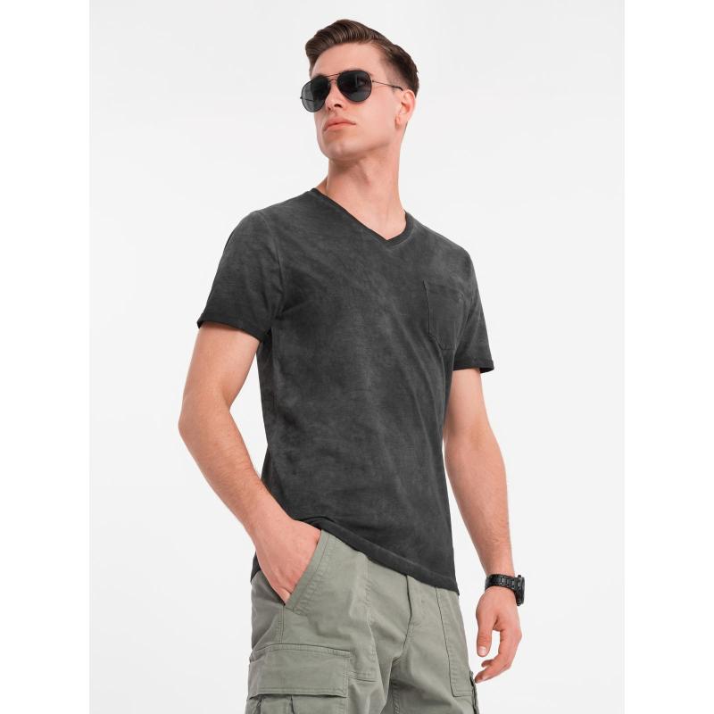 Pánské bavlněné tričko s výstřihem do V a efektem praní - černé V6 OM-TSWT-0242