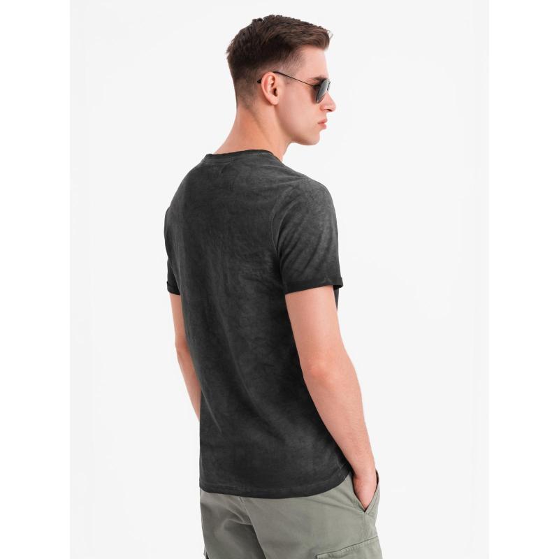 Pánské bavlněné tričko s výstřihem do V a efektem praní - černé V6 OM-TSWT-0242