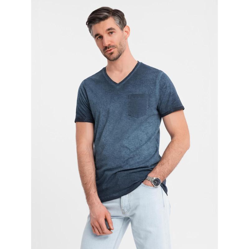 Pánské bavlněné tričko s výstřihem do V a efektem praní - tmavě modré V7 OM-TSWT-0242