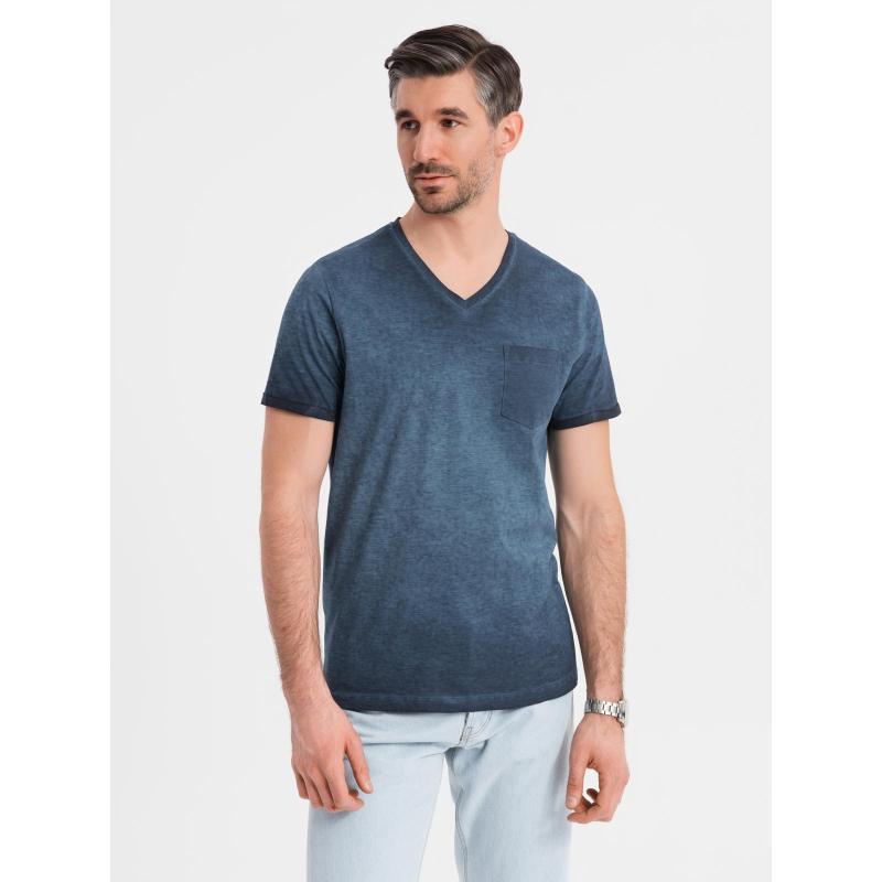 Pánské bavlněné tričko s výstřihem do V a efektem praní - tmavě modré V7 OM-TSWT-0242