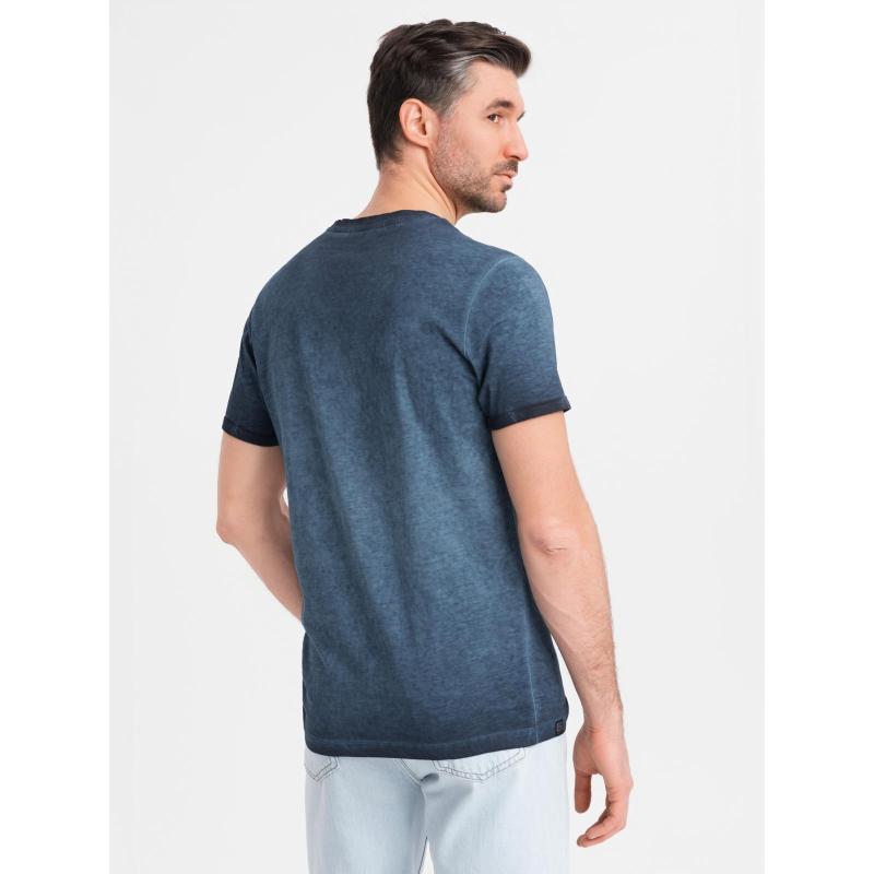 Pánské bavlněné tričko s výstřihem do V a efektem praní - tmavě modré V7 OM-TSWT-0242