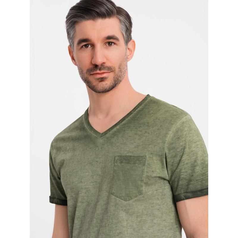Pánské bavlněné tričko s výstřihem do V a efektem praní – olivové V9 OM-TSWT-0242