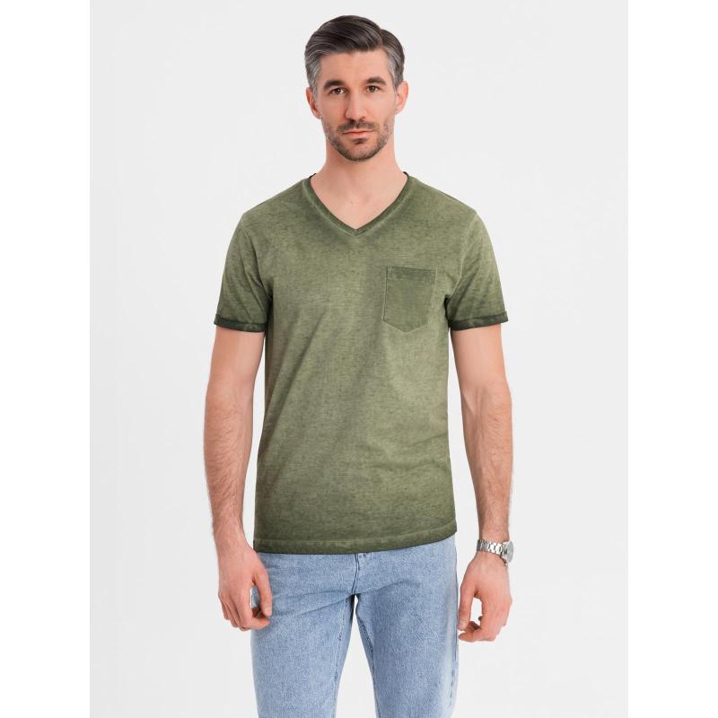 Pánské bavlněné tričko s výstřihem do V a efektem praní – olivové V9 OM-TSWT-0242