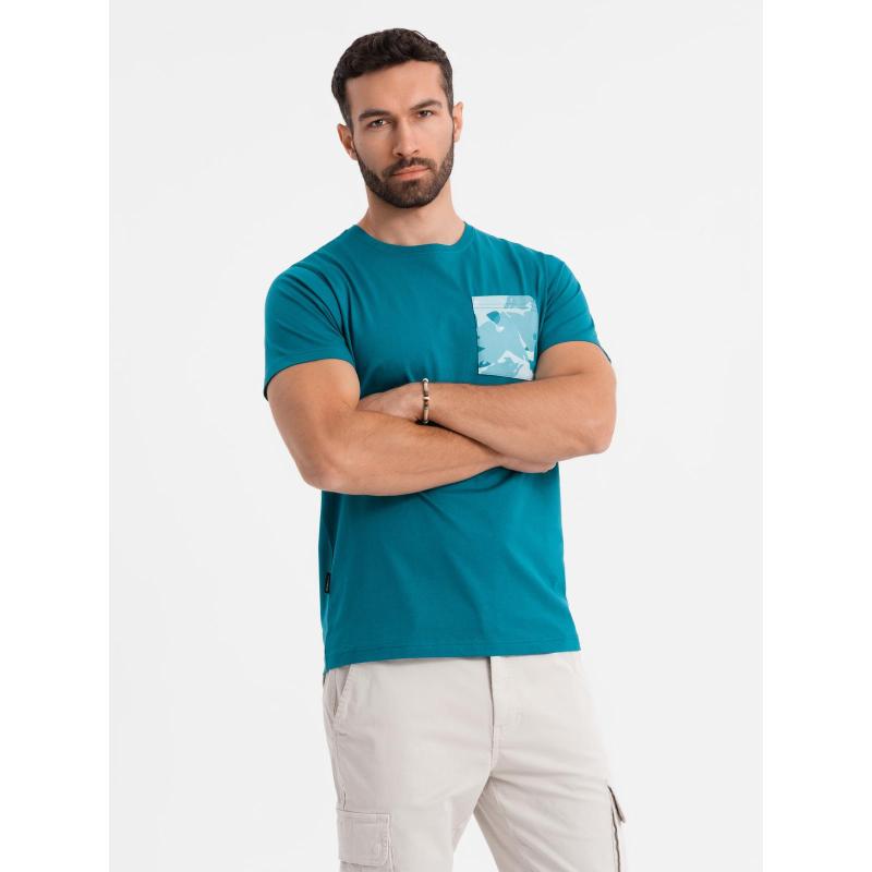 Pánske bavlnené tričko s výstrihom do V a efektom prania - tmavomodré V7 OM-TSWT-0242