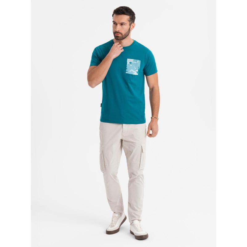 Pánske bavlnené tričko s výstrihom do V a efektom prania - tmavomodré V7 OM-TSWT-0242