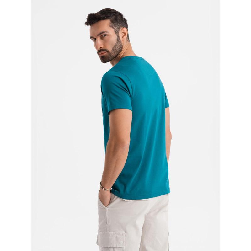 Pánske bavlnené tričko s výstrihom do V a efektom prania - tmavomodré V7 OM-TSWT-0242