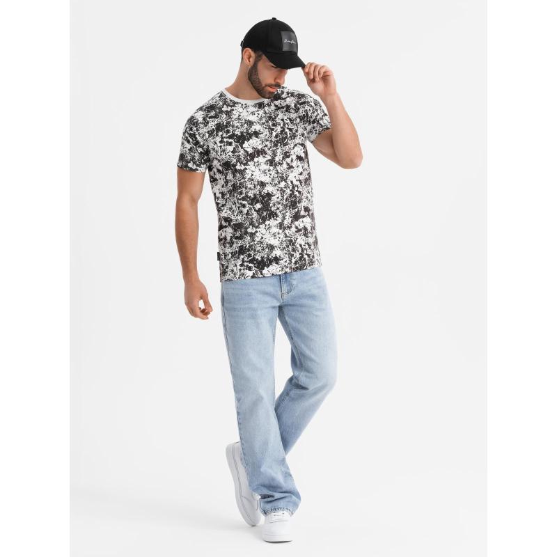 Férfi pamut V-nyakú kötött póló mosott hatású - sötétkék V7 OM-TSWT-0242