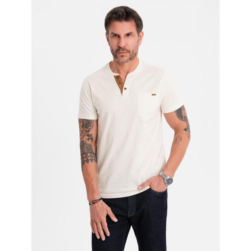 Férfi pamut V-nyakú kötött póló mosott hatású - sötétkék V7 OM-TSWT-0242