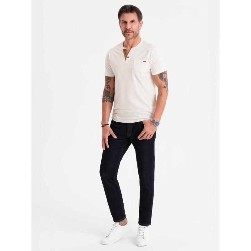 Férfi pamut V-nyakú kötött póló mosott hatású - sötétkék V7 OM-TSWT-0242