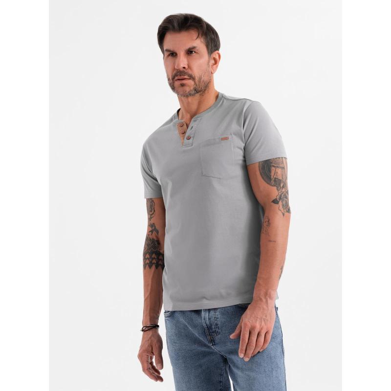 Férfi pamut V-nyakú kötött póló mosott hatású - sötétkék V7 OM-TSWT-0242