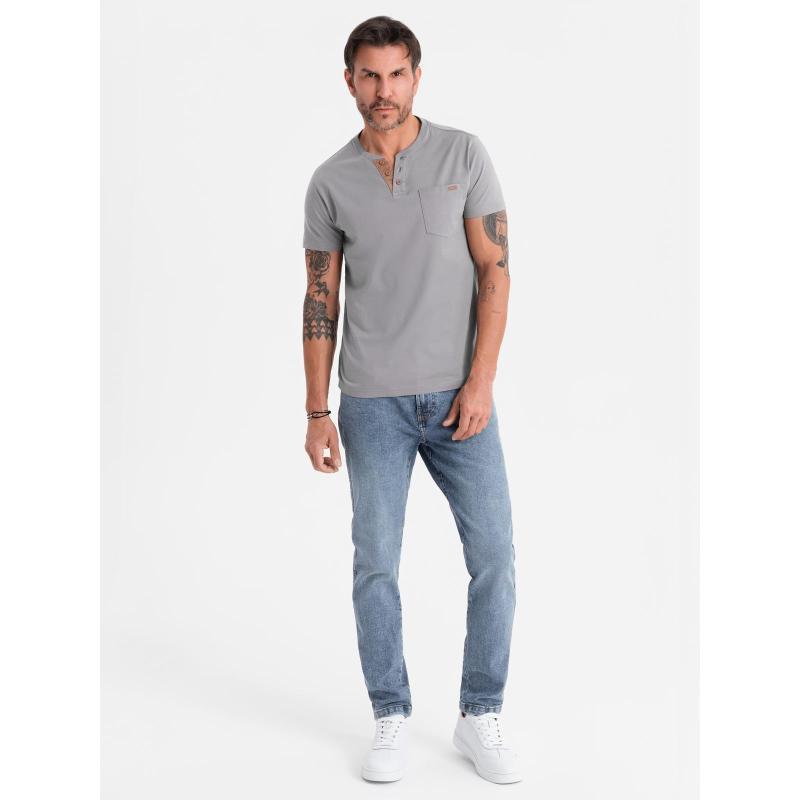 Férfi pamut V-nyakú kötött póló mosott hatású - sötétkék V7 OM-TSWT-0242