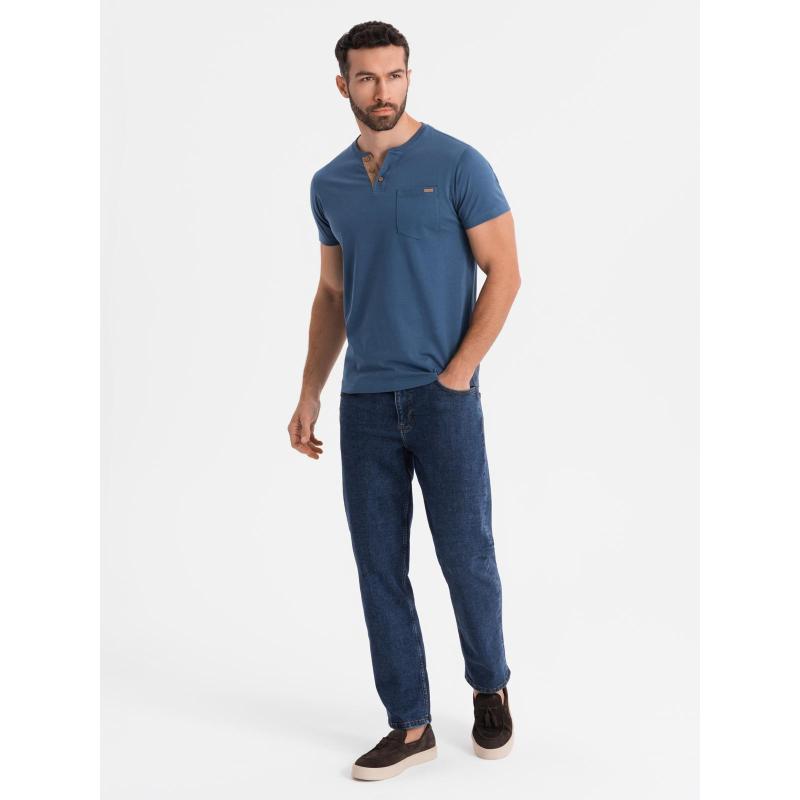 Pánske bavlnené tričko s výstrihom do V a efektom prania - tmavomodrá V7 OM-TSWT-0242