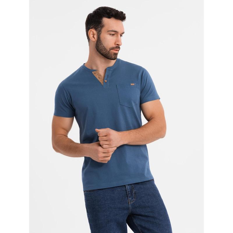 Pánske bavlnené tričko s výstrihom do V a efektom prania - tmavomodrá V7 OM-TSWT-0242