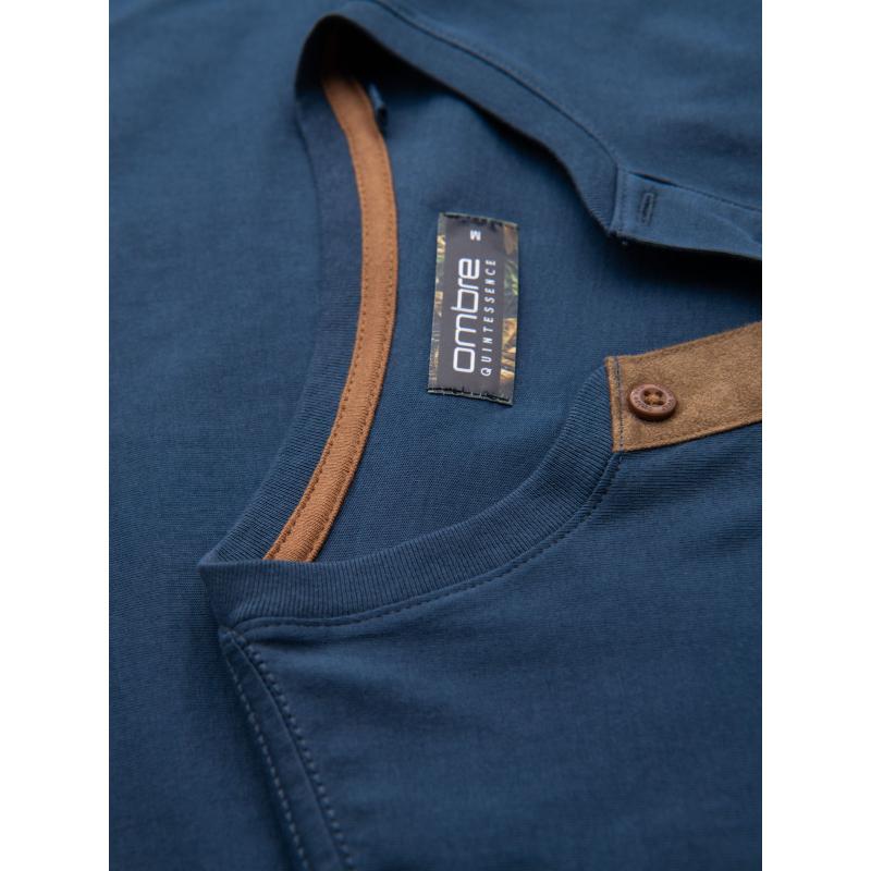 Pánske bavlnené tričko s výstrihom do V a efektom prania - tmavomodrá V7 OM-TSWT-0242