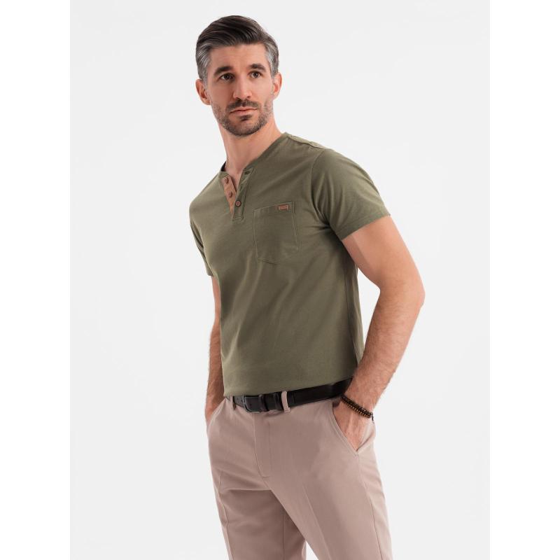 Férfi pamut V-nyakú kötött póló mosott hatású - sötétkék V7 OM-TSWT-0242