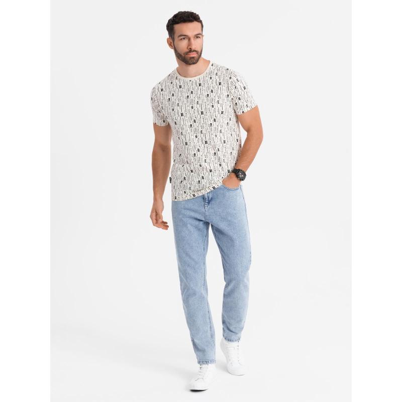 Férfi pamut V-nyakú kötött póló mosott hatású - sötétkék V7 OM-TSWT-0242