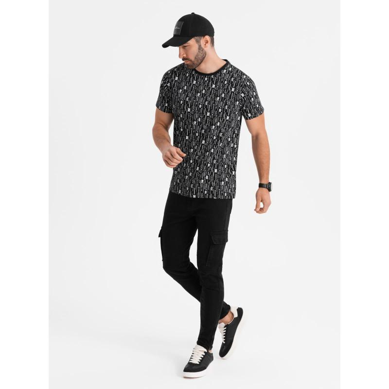 Pánské bavlněné tričko s výstřihem do V a efektem praní - tmavě modré V7 OM-TSWT-0242