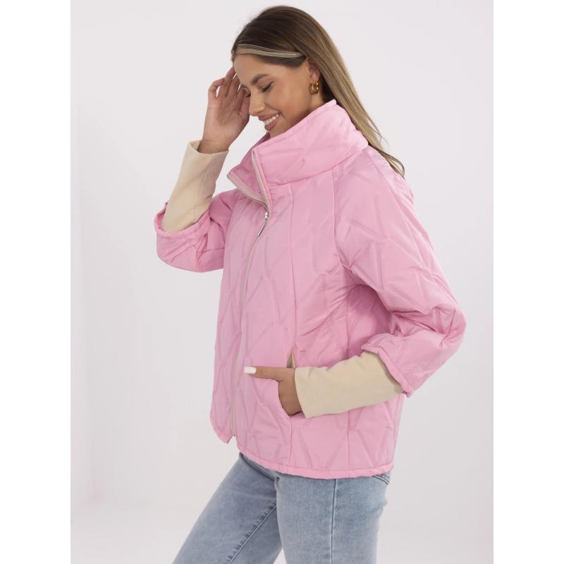 Ružový prešívaný dámsky kabát so stojatým golierom
