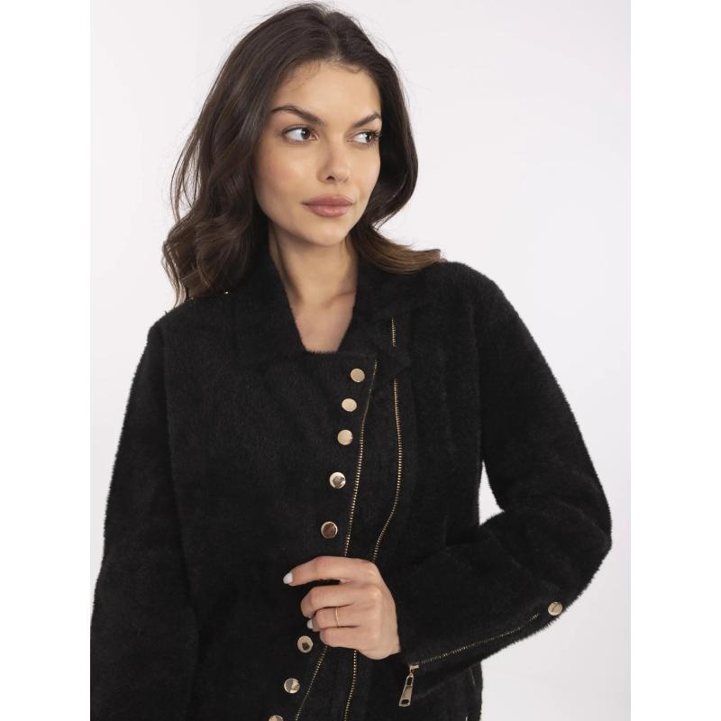 Fekete női kabát alpaka anyagból, zsebekkel