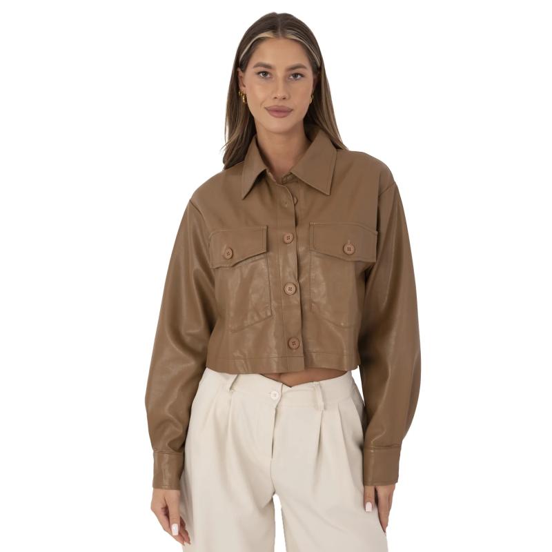 Krátka bunda z umelej kože v kamelovej farbe