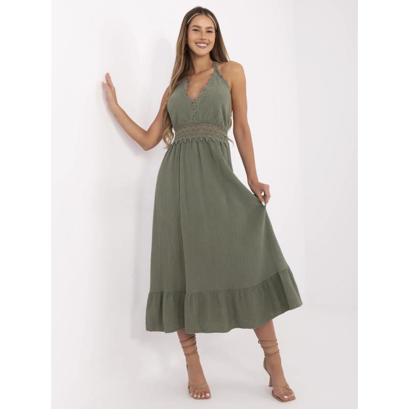 Khakové dlhé boho šaty z mušelínu