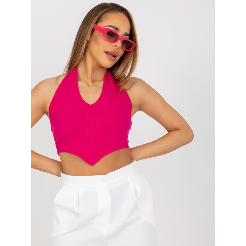 Fuchsiové basic pruhované krátke tričko s výstrihom RUE PARIS